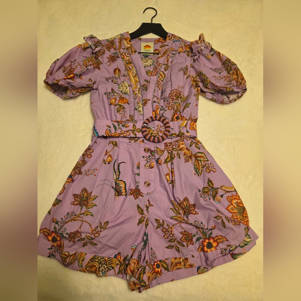 Farm Rio Lilac Floral Monkey Short Sleeve Romper XS